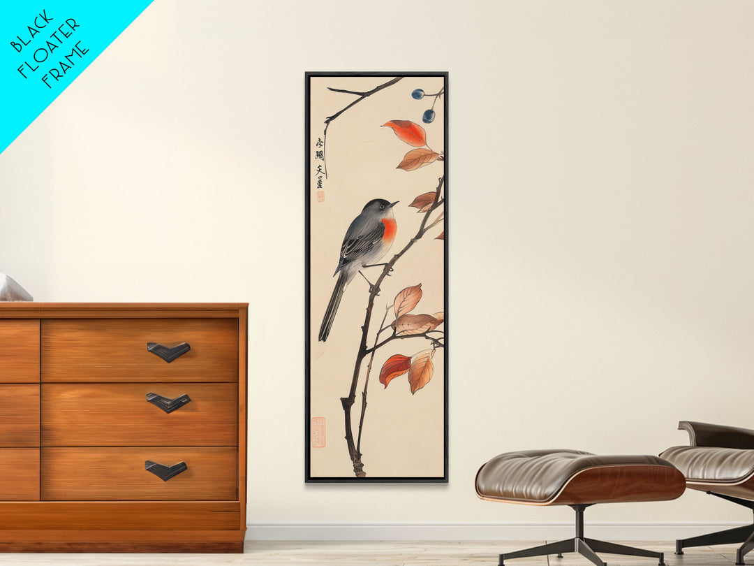 Songbird Perched On Branch With Autumn Leaves Skinny Art Wood Block Print Framed Canvas Print