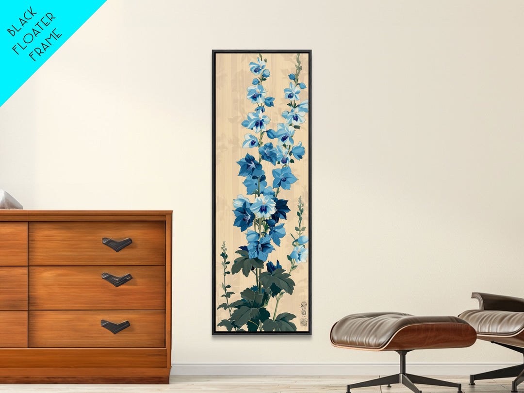 Tall Blue Delphinium Flowers Against Beige Background Ukiyo-e Wood Block Print Framed Canvas Print