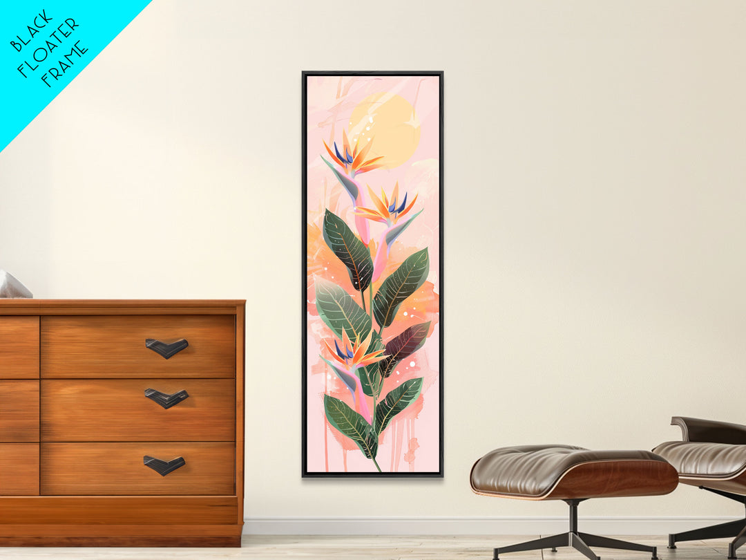 Vibrant Bird Of Paradise Flowers Against Soft Pastel Background Ukiyo-e Style Skinny Tall Wood Block Framed Canvas Print