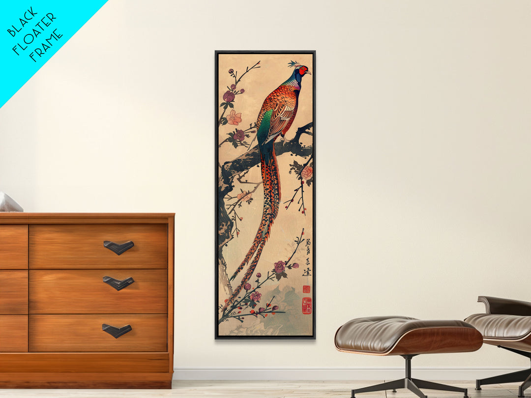 Vibrant Pheasant Perched On Flowering Branch For Traditional Japanese Art Wall Decor Framed Canvas Print