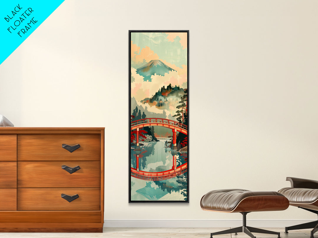 Stunning Mount Fuji With Red Bridge Reflection, Skinny Tall Framed Canvas Print, Feng Shui-Inspired Japanese Style Art For Wall Art