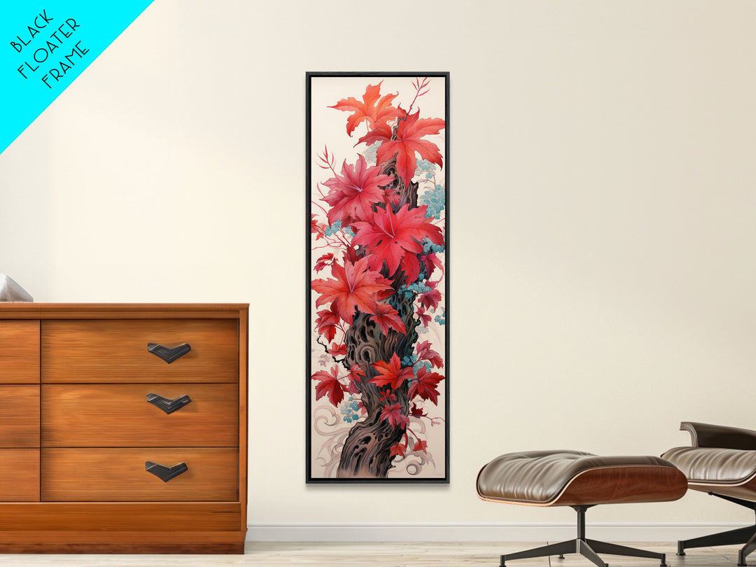 Vibrant Red Leaves On A Gnarled Tree Trunk, Tall Skinny Canvas Print For Feng Shui Decor, Japanese Style Wall Art