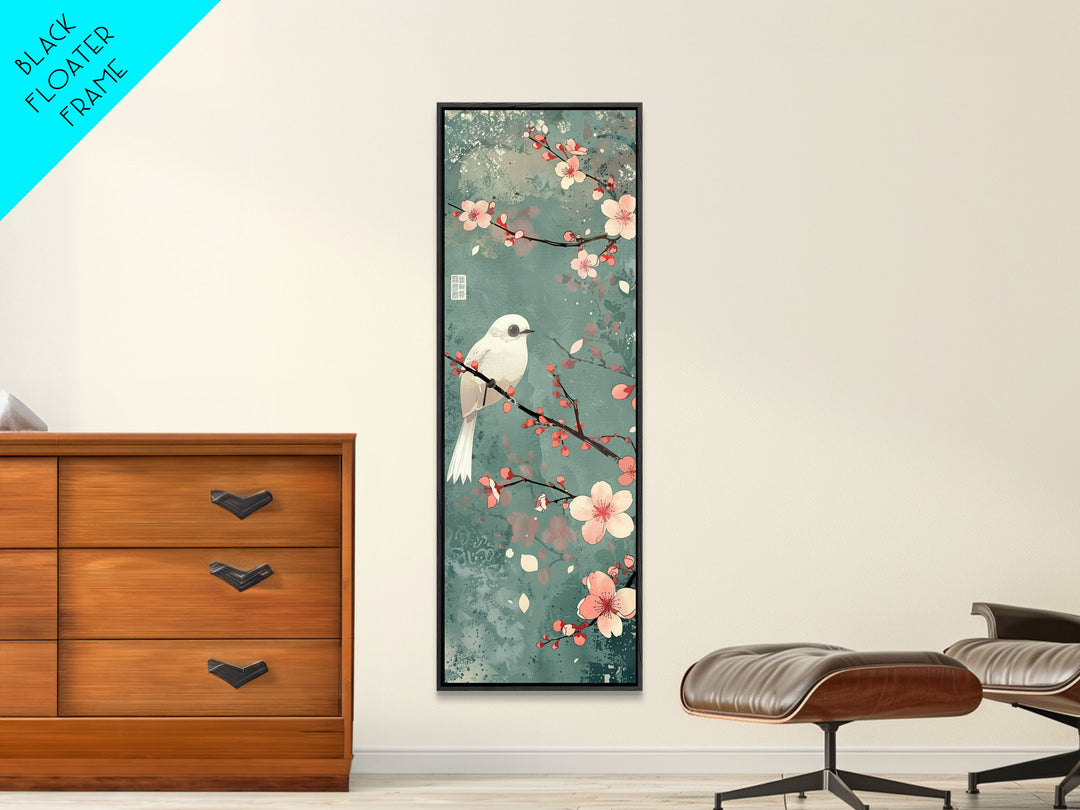 White Bird Perched On A Branch With Blossoms – Framed Canvas Print Combining Skinny Art And Tall Art Inspired By Ukiyo-E Art And Japanese Style Art