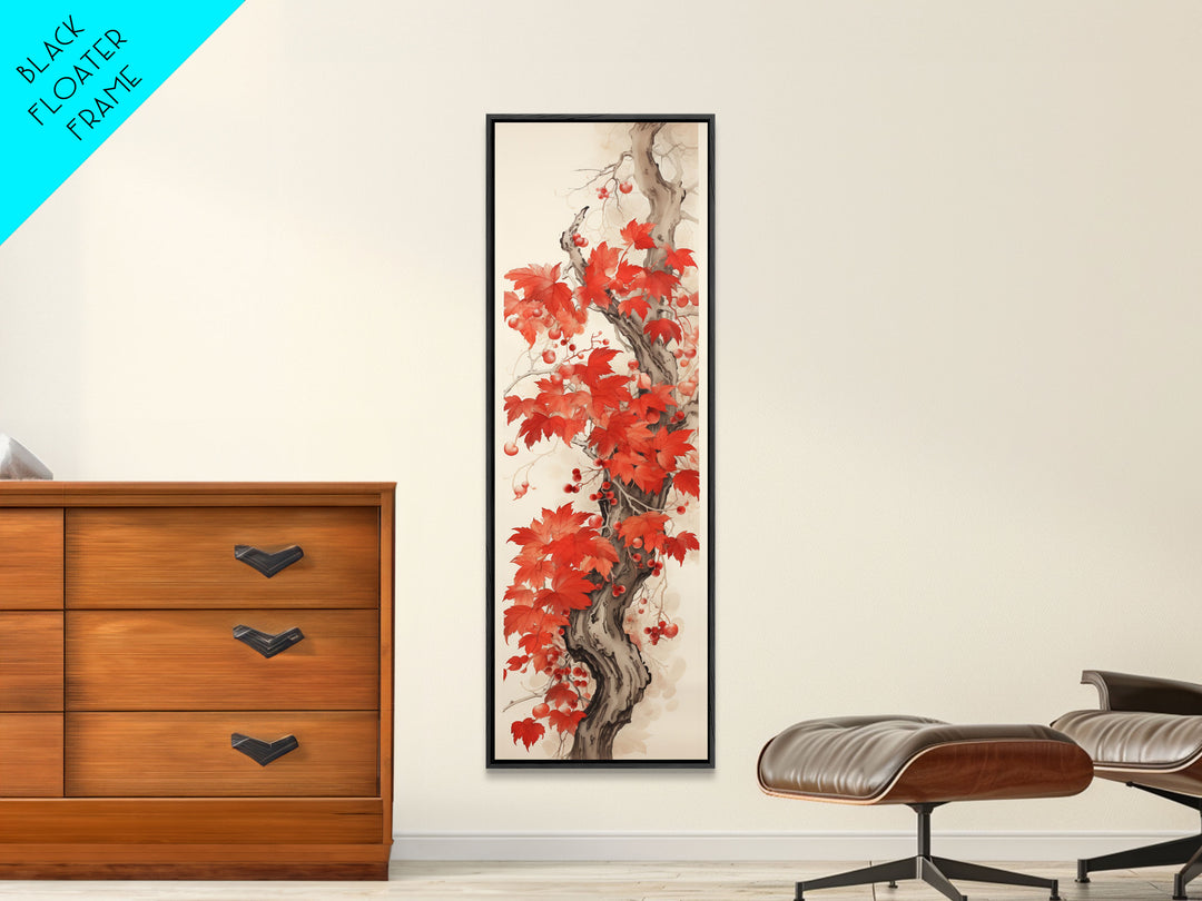 Striking Red Leaves And Berries On A Gnarled Tree, Tall Skinny Canvas Print For Feng Shui-Inspired Wall Art, Japanese Style Art