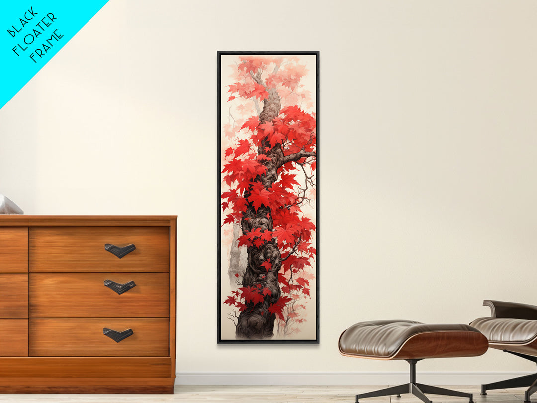 Skinny Art Tall Art Framed Canvas Print Japanese Style Art Wood Block Print Red Maple Leaves Tree Trunk Ukiyo-e Feng Shui Wall Art