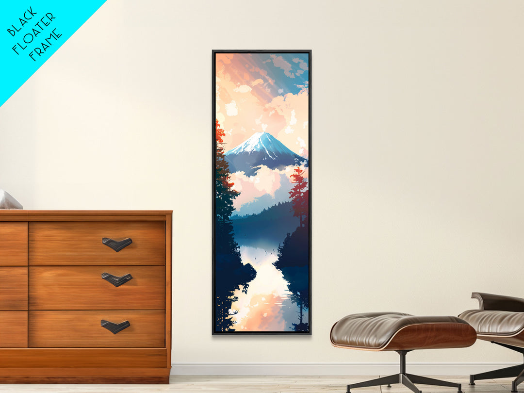 Skinny Art Tall Art Framed Canvas Print Japanese Style Art Mount Fuji At Sunrise Reflection Wood Block Print Ukiyo-e Feng Shui Wall Art