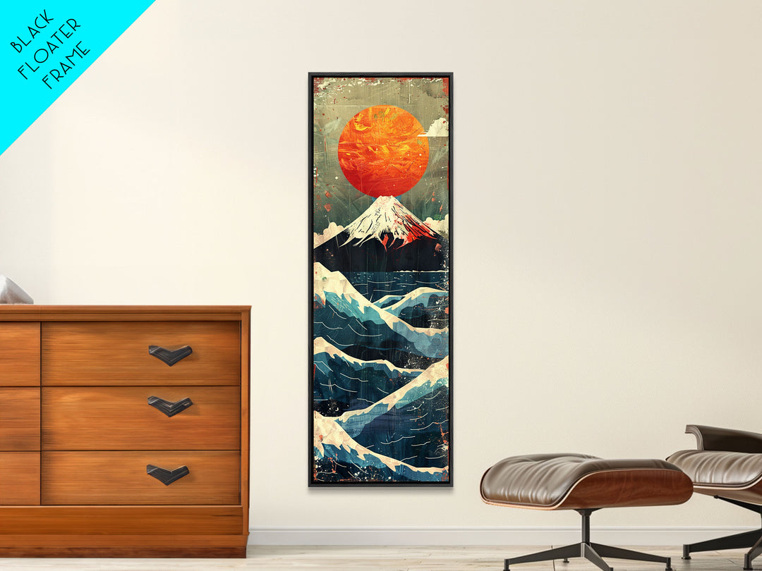 Skinny Art Tall Art Framed Canvas Print Japanese Style Art Mount Fuji Sunset Wood Block Print Ukiyo-e Feng Shui Wall Art