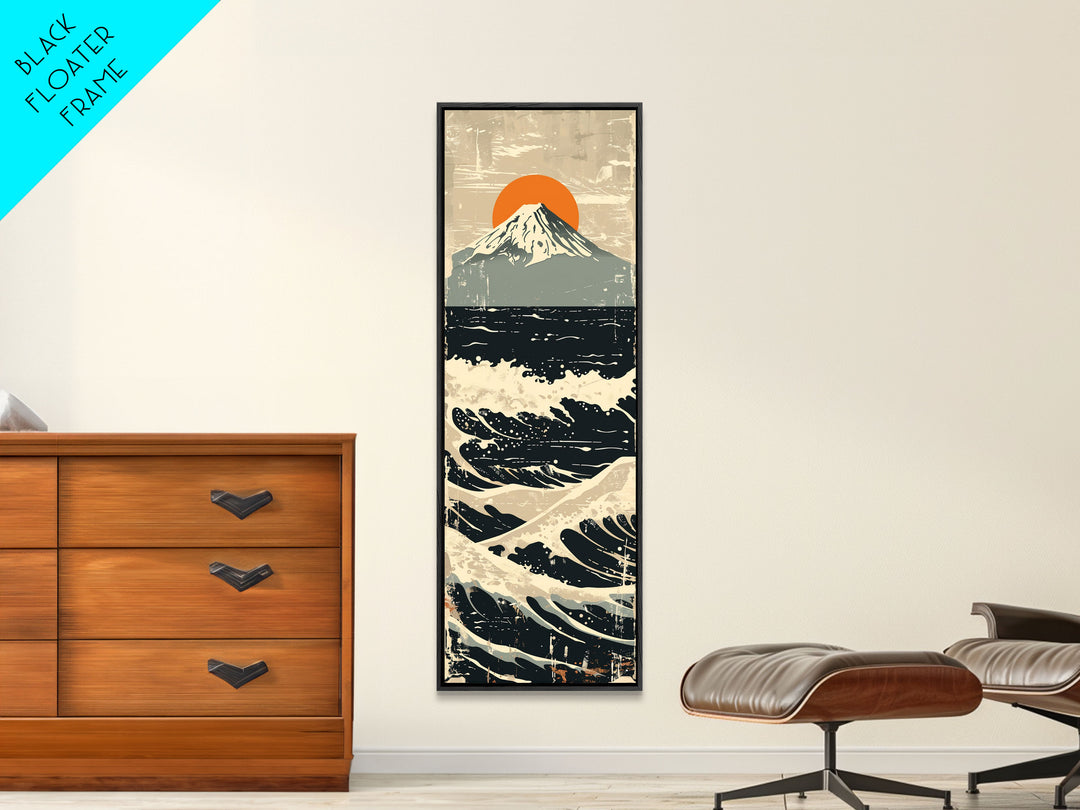 Skinny Art Tall Art Framed Canvas Print Japanese Style Art Vintage Mount Fuji Sun And Waves Wood Block Print Ukiyo-e Feng Shui Wall Art