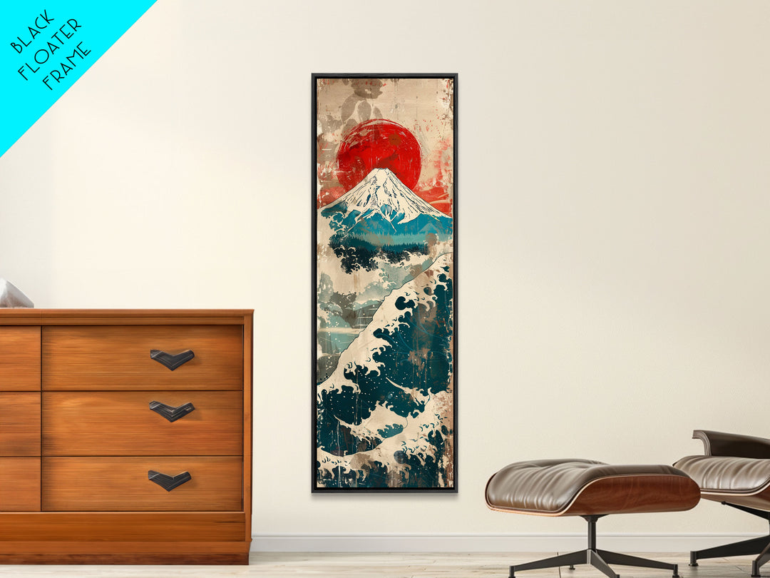 Skinny Art Tall Art Framed Canvas Print Japanese Style Art Retro Red Sun Mount Fuji Wood Block Print Ukiyo-e Feng Shui Wall Art