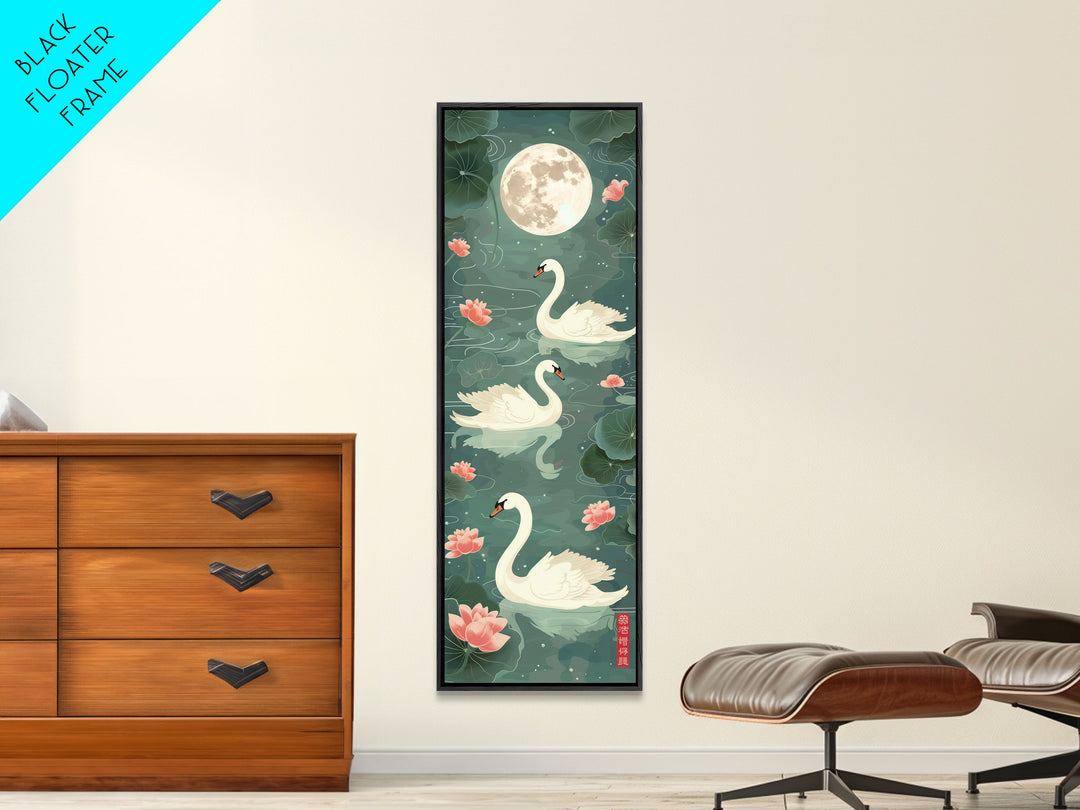 Swans Floating Gracefully Under The Full Moon In Japanese Style Ukiyo-e Art Framed Canvas Print Skinny Art Tall Art