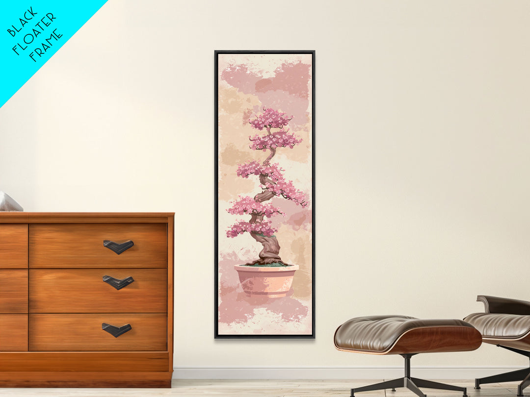 Tall Skinny Art Japanese Style Wood Block Print Potted Bonsai Tree On A Textured Background In Ukiyo-e Style For Framed Canvas Print