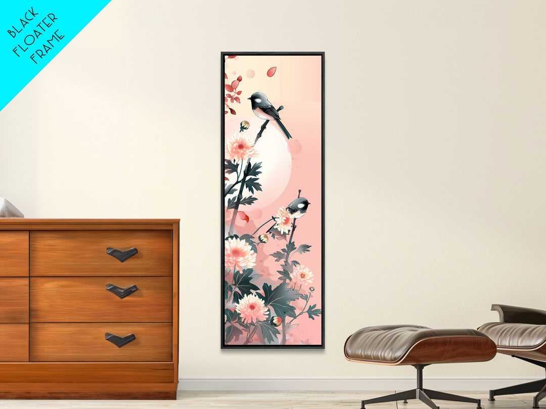 Tall Skinny Art Japanese Style Wood Block Print Birds On Branches Against A Soft Background For Framed Canvas Print In Ukiyo-e Style