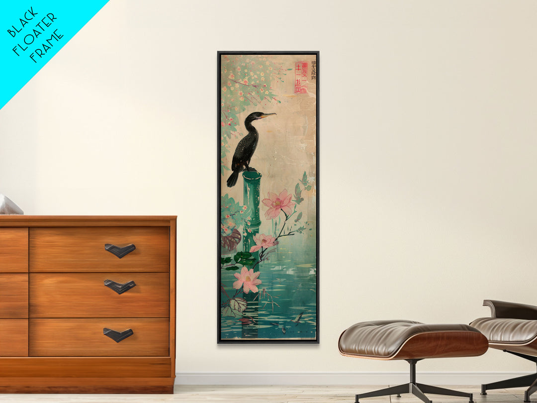 Tall Skinny Art Japanese Style Wood Block Print Bird Perched On Bamboo By A Pond With Flowers In Ukiyo-e Style For Framed Canvas Print