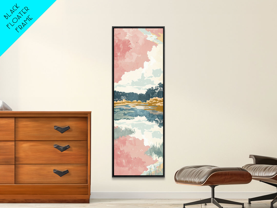 Tall Skinny Art Japanese Style Wood Block Print Serene Lake Scene With Pastel Reflections For Framed Canvas Print In Ukiyo-e Style