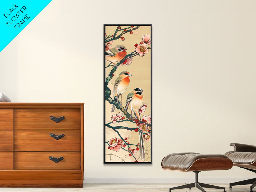 Tall Skinny Art Japanese Style Wood Block Print Vibrant Birds On Flowering Branches In Ukiyo-e Style For Framed Canvas Print