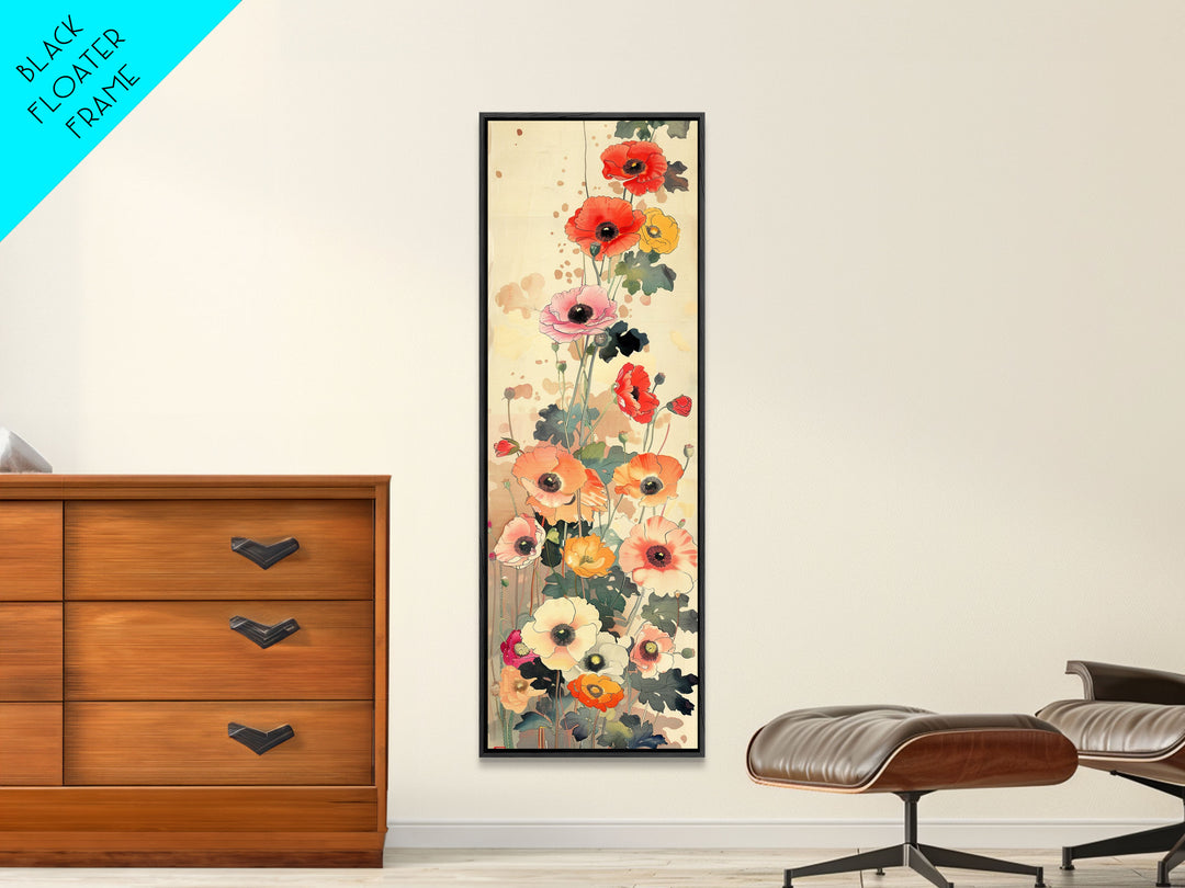 Tall Skinny Art Japanese Style Wood Block Print Colorful Poppy Flowers On A Neutral Background For Framed Canvas Print In Ukiyo-e Style