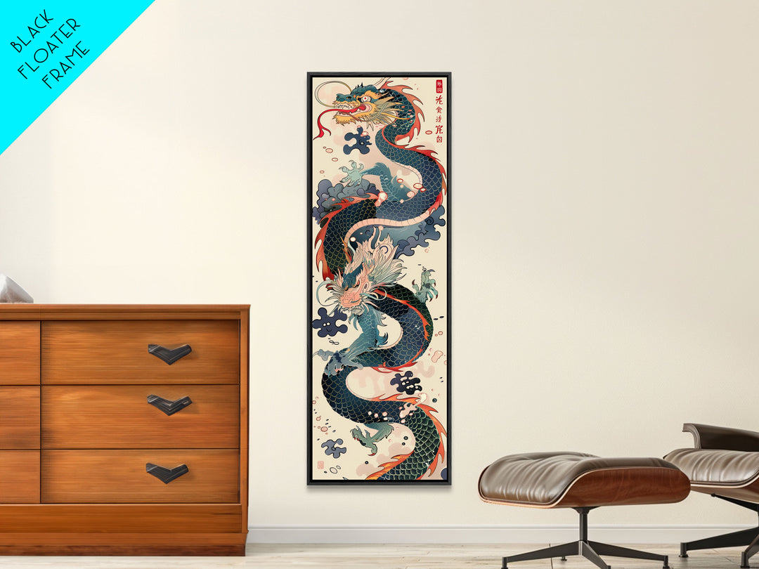 Tall Skinny Art Japanese Style Wood Block Print Dynamic Dragon In Traditional Colors On A Cream Background For Framed Canvas Print