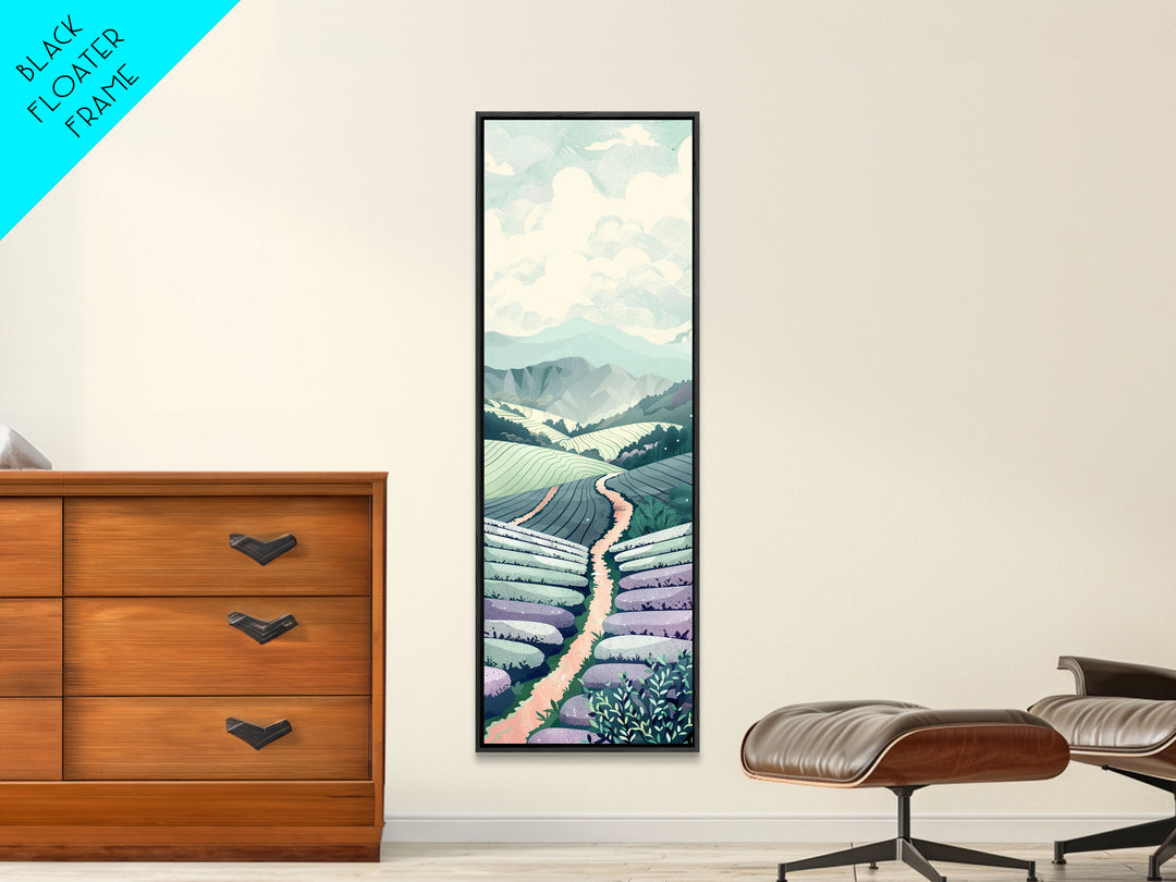 Tranquil Lavender Fields Skinny Art Tall Art Japanese Ukiyo-e Inspired Landscape Framed Canvas Print for Serene Living Spaces