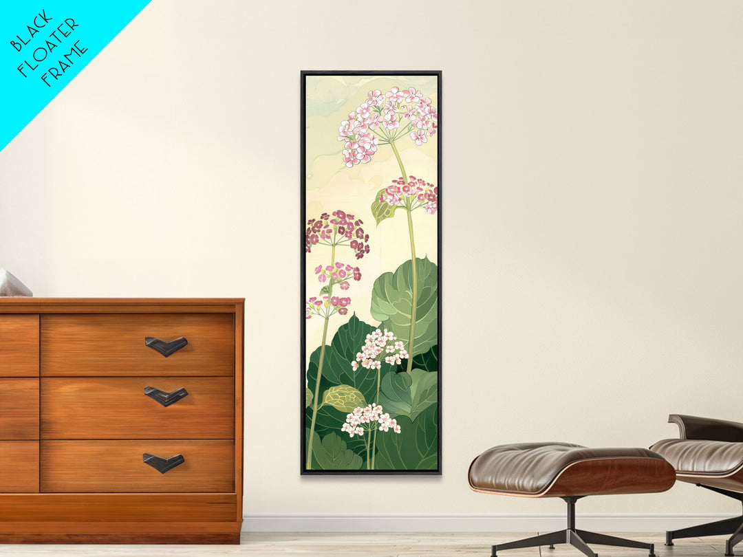 Towering Flower Stalks with Soft Green Leaves against a Pale Background - Skinny Art, Japanese Wall Decor, Framed Canvas Print, Ukiyo-e Style