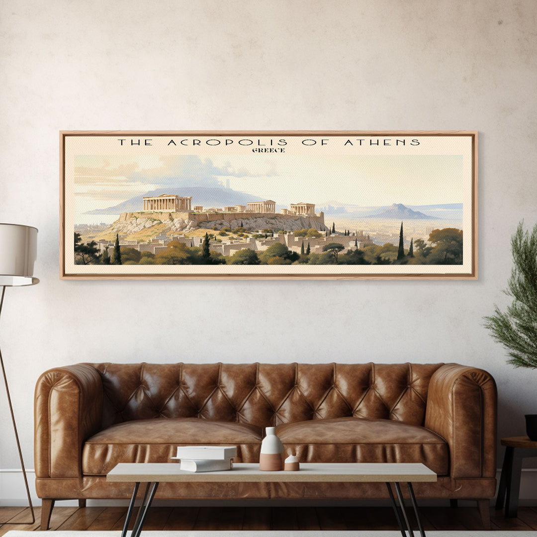 The Acropolis of Athens Retro Style Travel Poster - Framed Canvas Print - COUNTRY Travel Decor | Vintage Style Home Decor - Travel Print - Wall Art