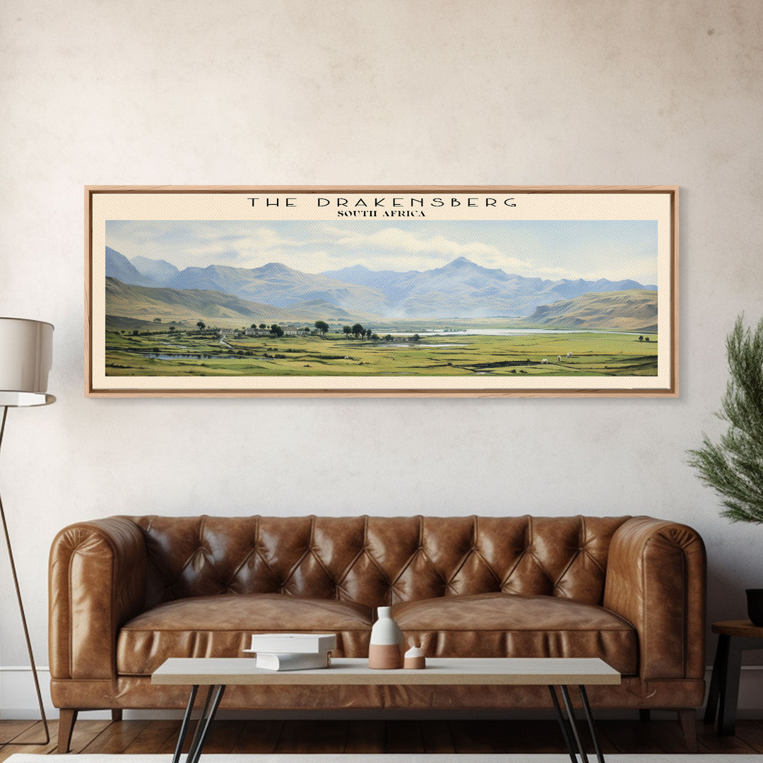 The Drakensberg Retro Style Travel Poster - Framed Canvas Print - COUNTRY Travel Decor | Vintage Style Home Decor - Travel Print - Wall Art