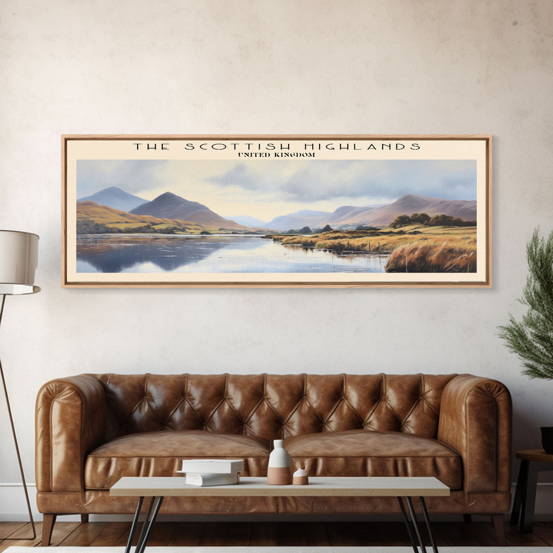 The Scottish Highlands Retro Style Travel Poster - Framed Canvas Print - COUNTRY Travel Decor | Vintage Style Home Decor - Travel Print - Wall Art