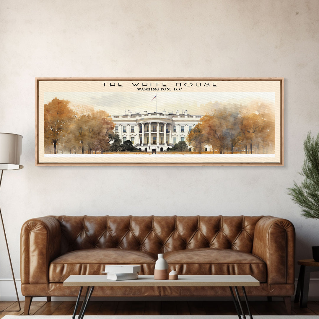 The White House Travel Art Framed Canvas Print, COUNTRY Wall Decor, Home Decor, Travel Poster, Vintage Wall Art, Watercolor Painting