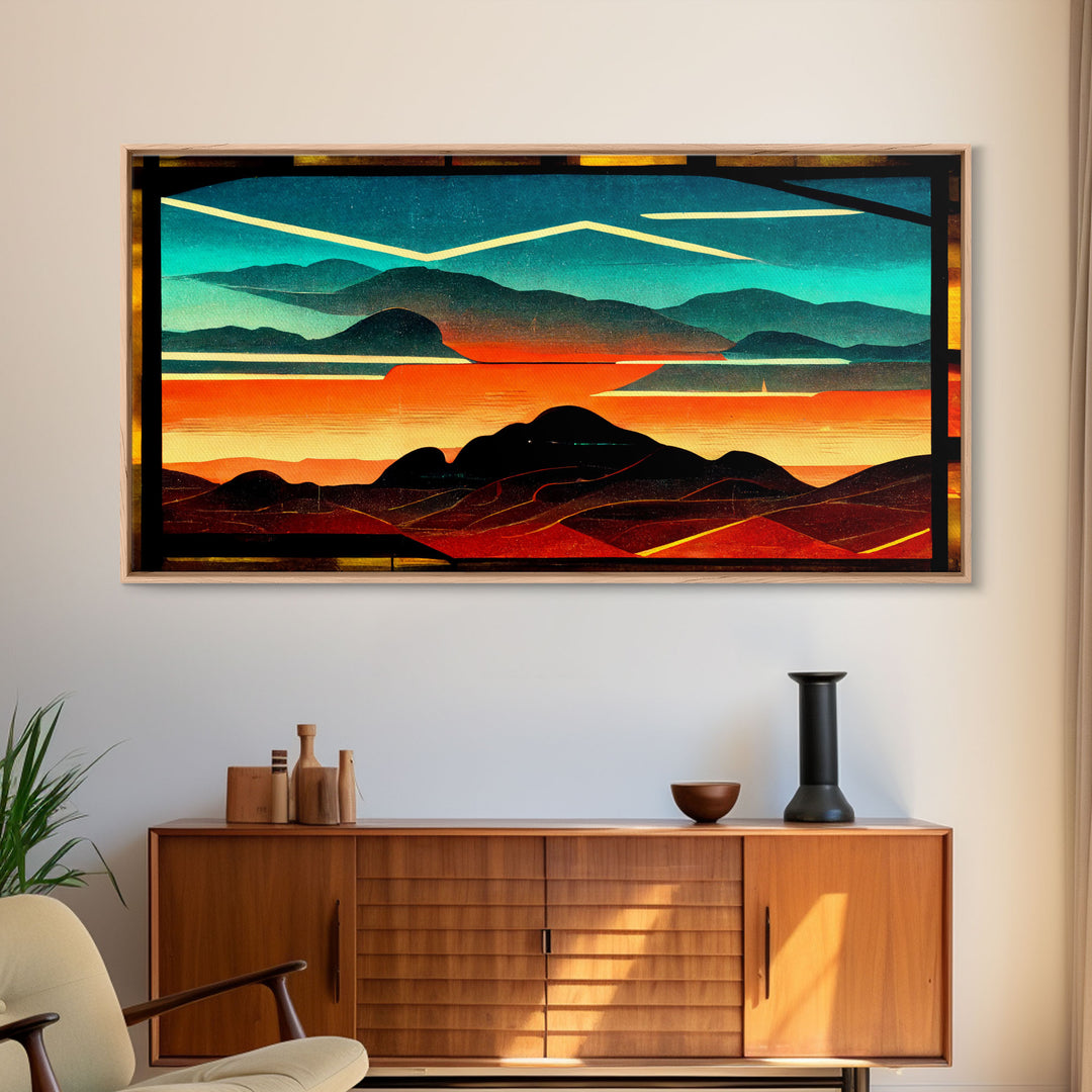 Pueblo style art deco sunset canvas print, outrun, colorful art, desert art, living room wall art, man cave art, stained glass look