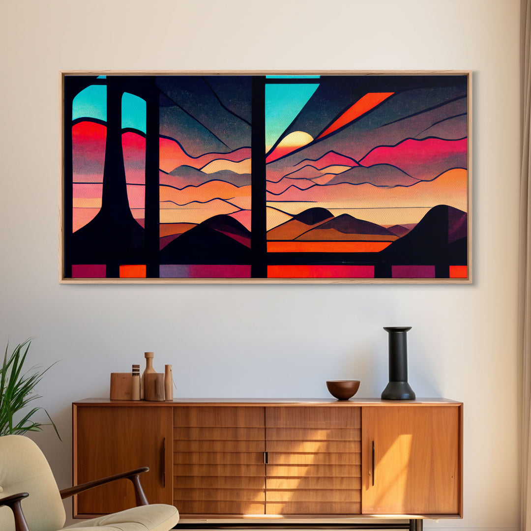 Pueblo style art deco sunset canvas print, outrun, colorful art, desert art, living room wall art, stained glass look, Arizona style art