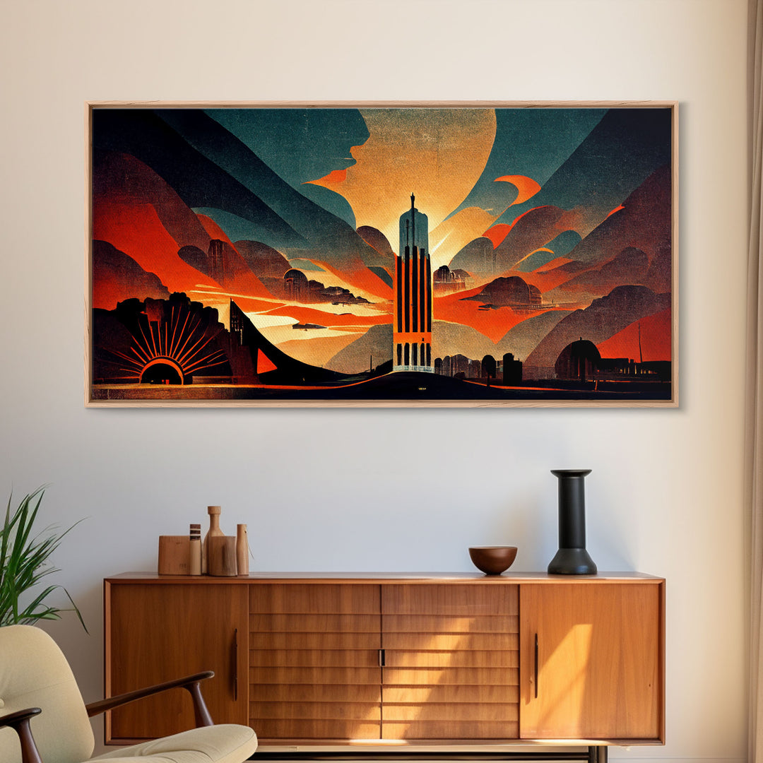 Dystopian metropolis canvas print, ready to hang wall art, art deco sunset, 1930s architecture, living room art, art nouveau