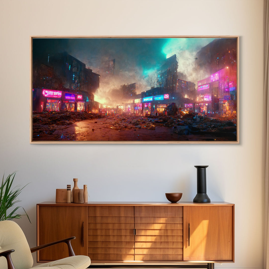 Destitute cyberpunk city with neon signs wall art, Bladerunner vibes art, synthwave style art, cool wall art