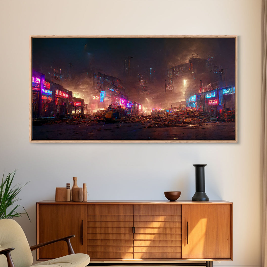 Destitute cyberpunk city with neon signs wall art, Bladerunner vibes art, synthwave style art, cool wall art