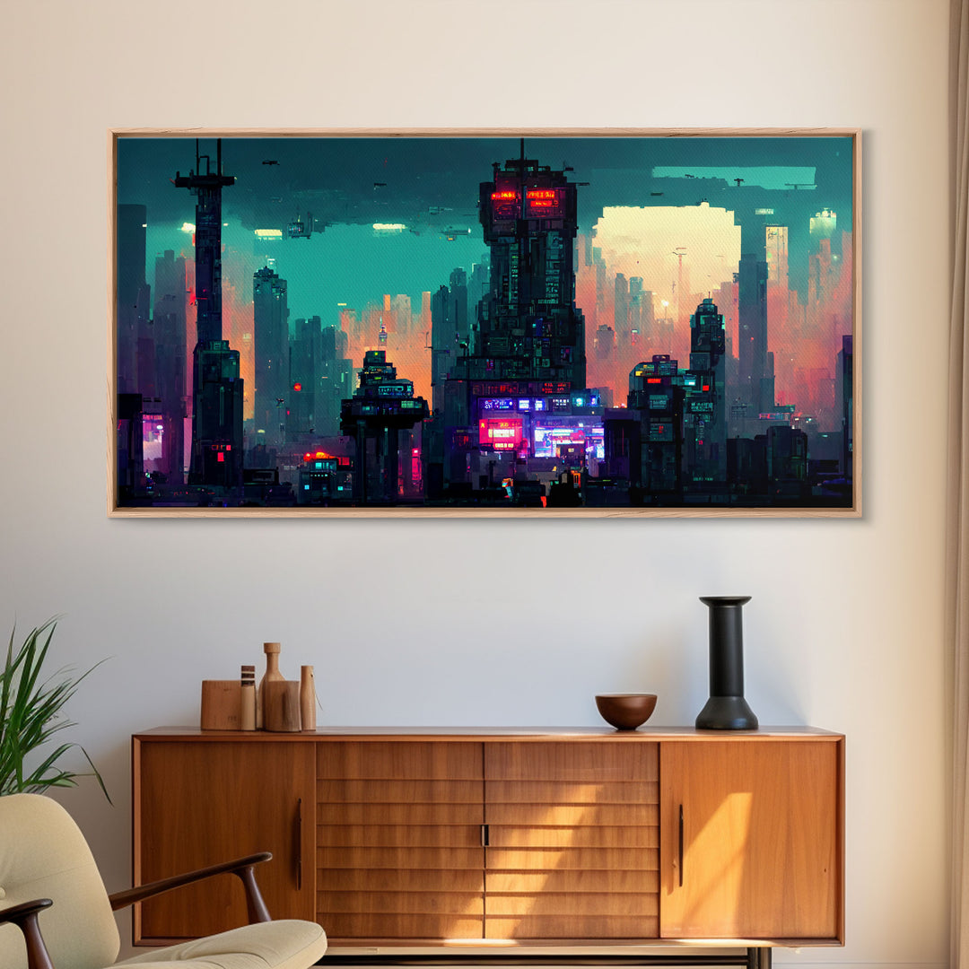 cyberpunk city pixel art canvas print, wall art, Bladerunner vibes art, synthwave style art, cool wall art