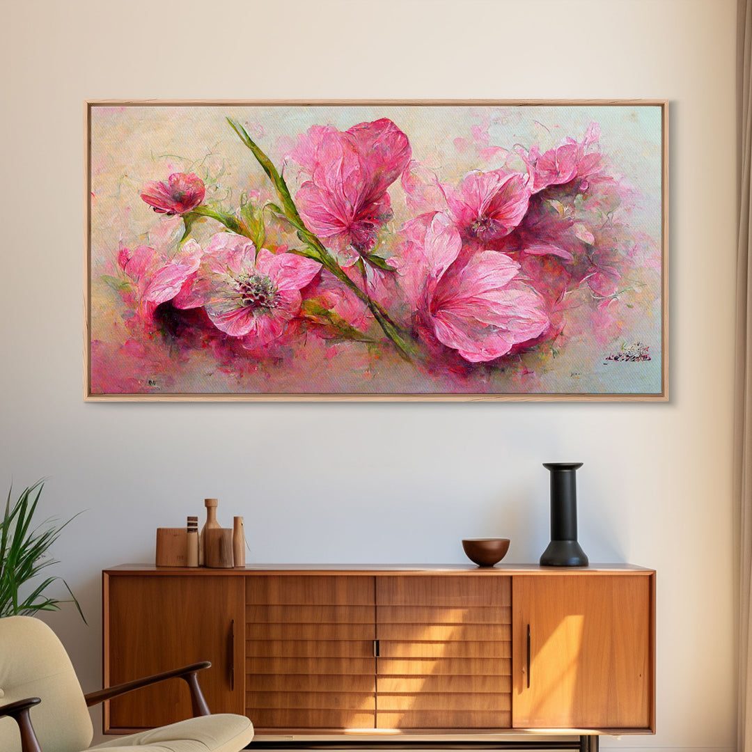 Pink flowers canvas print, oil painting style, living room wall art, guest room art, boho wall decor, floral pattern wall art