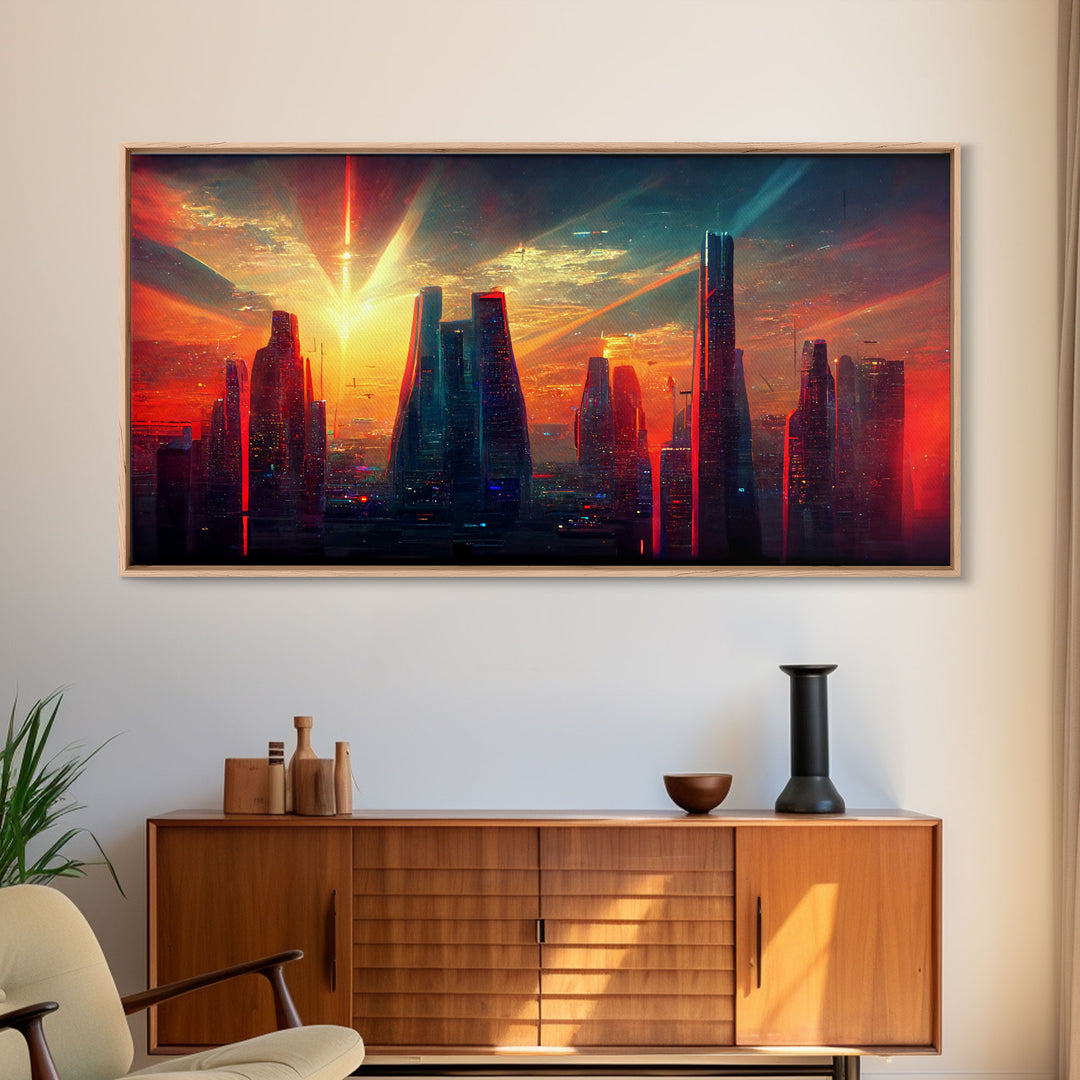 Cyberpunk canvas print, cyber punk city at sunset, Bladerunner vibes art, synthwave style art, cool wall art, night city