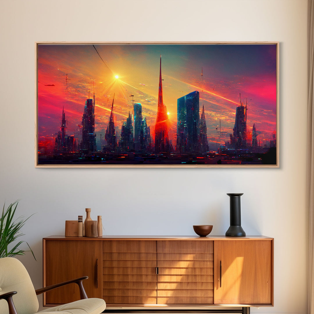 Dystopian Cyberpunk canvas print, cyber punk city at sunset, Bladerunner vibes art, synthwave style art, cool wall art, night city