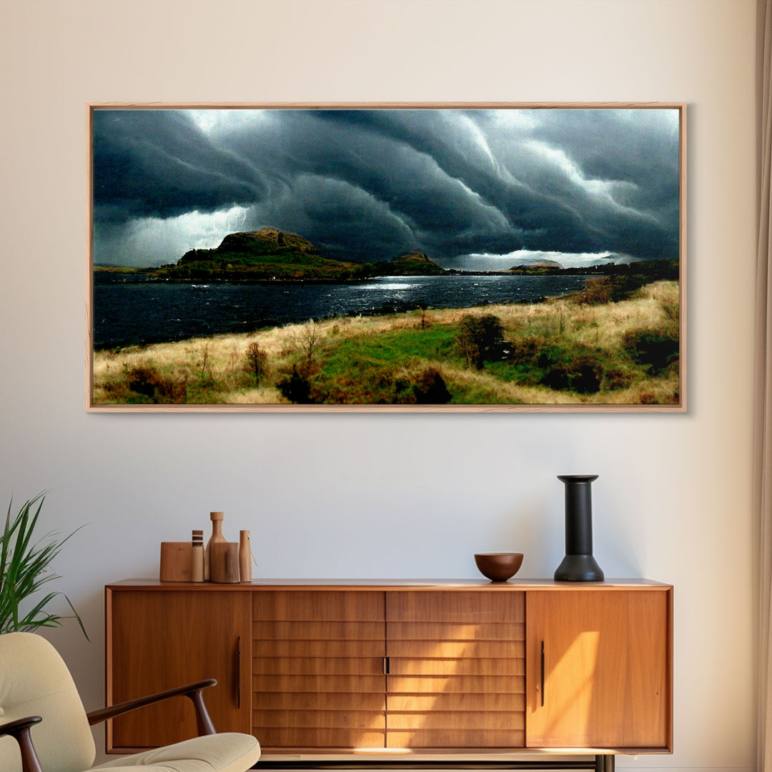 A Thunderstorm at night over the lake, canvas print, rain storm over a lake, cool wall art, unique wall art, ready to hang canvas