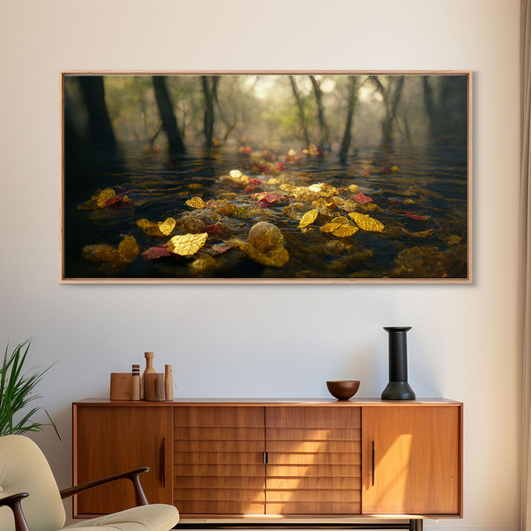 Fall leaves floating down the river, autumn, landscape and nature canvas print, oil painting style, neutral wall art