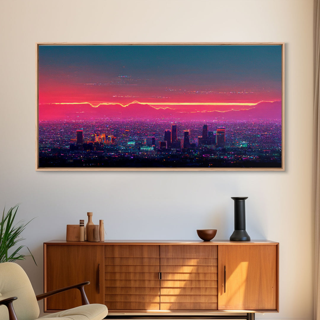 Los Angeles Wall Art, California at sunset canvas print, outrun style, vapor wave, synth wave sunset, ready to hang wall art