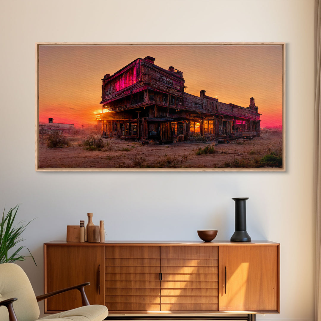 Abandoned wild west saloon at sunset canvas print, travel photography art, outrun sunset ready to hang wall art