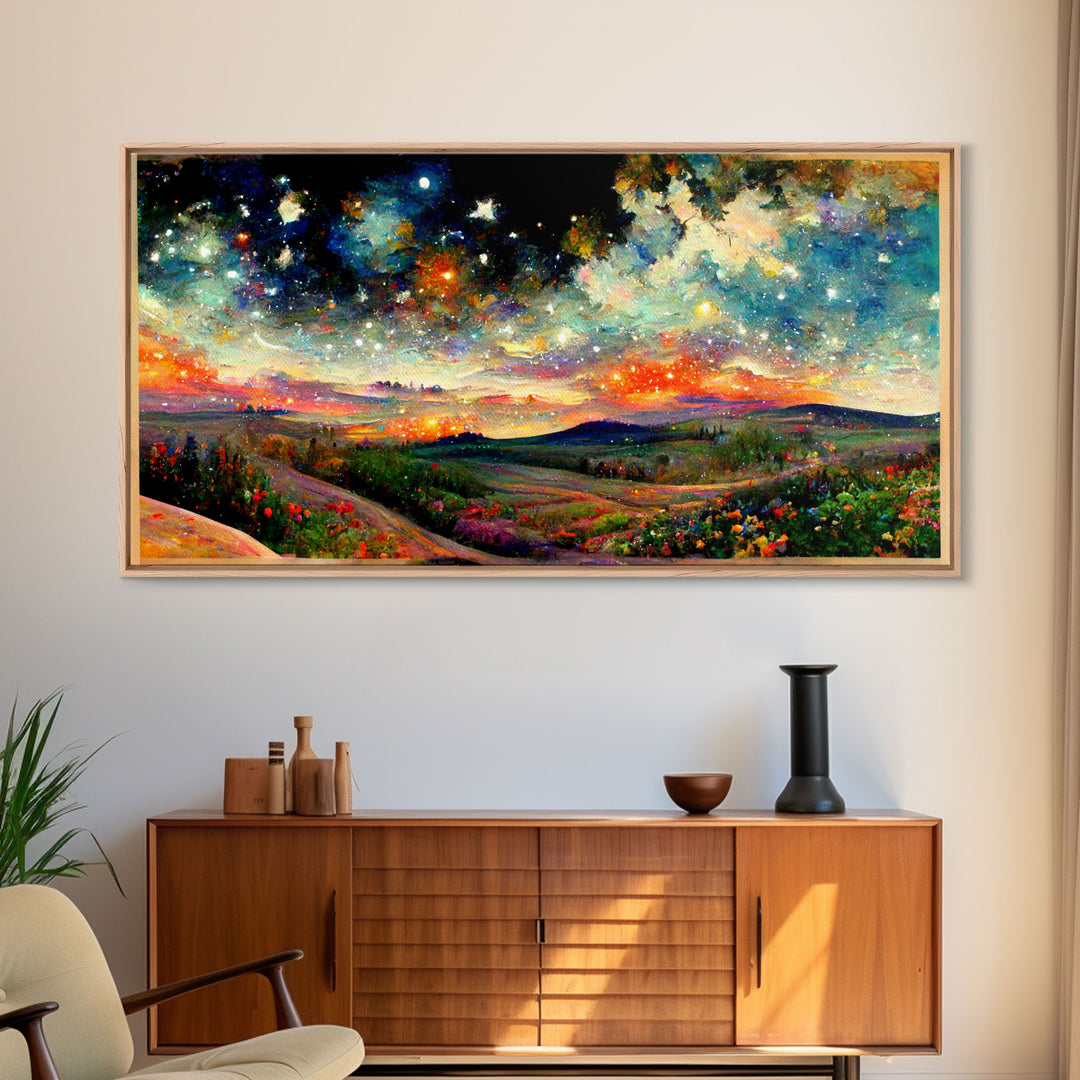 Night Starry Sky Landscape On Canvas Print Colorful Night Sky Painting Nature Painting Living Room Wall Art Spiritual Starry Painting