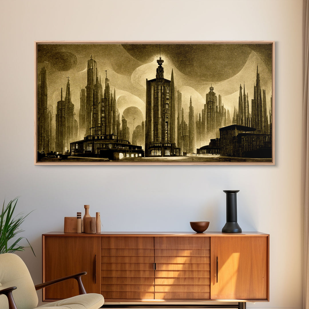 Dystopian Metropolis Art Deco Canvas Print, City Skyline, Fantasy Art, Art Deco Living Room Art, ready to hang wall art