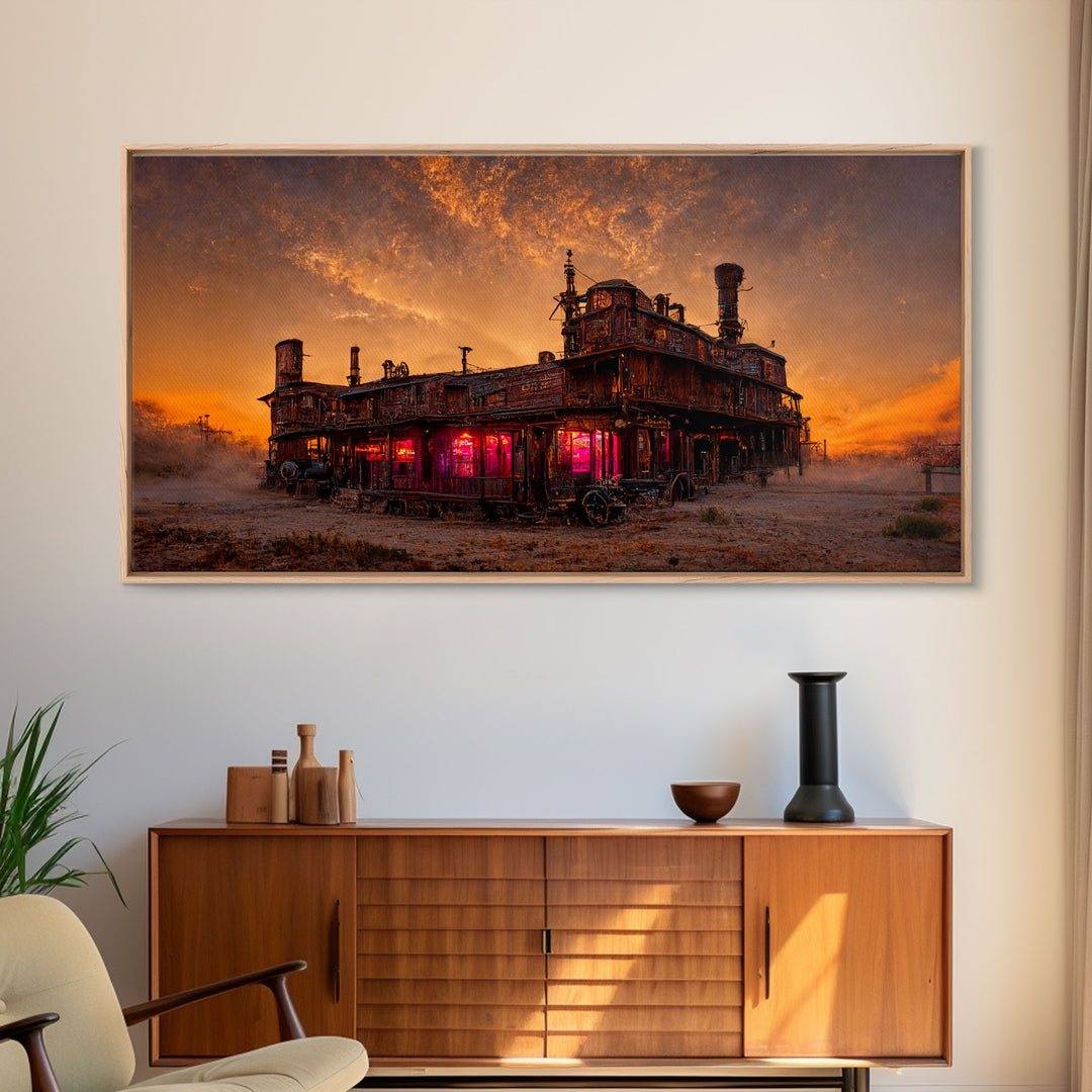 Dystopian steampunk wild west mashup, abandoned wild west saloon art, canvas print, ready to hang wall art