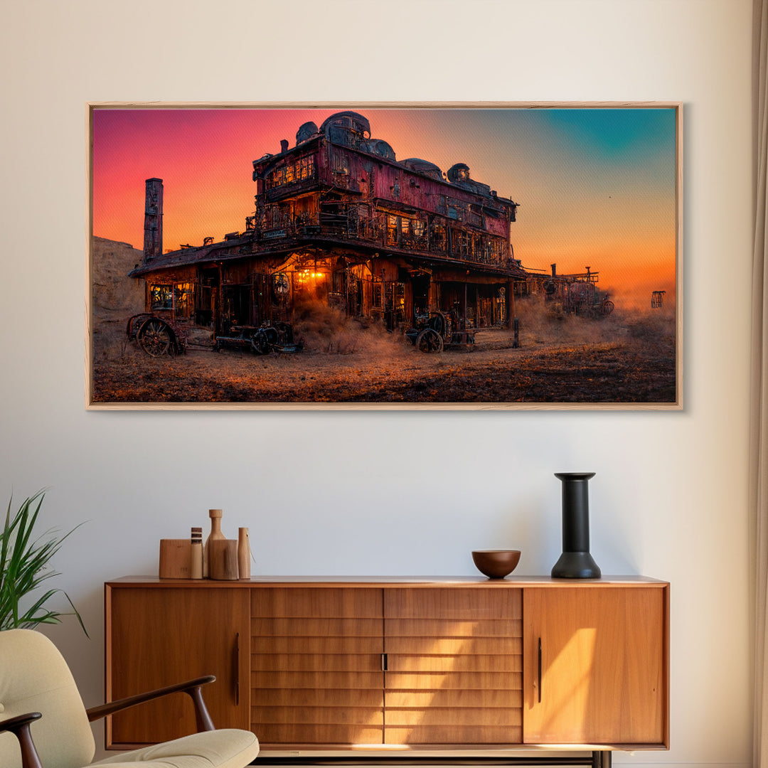 Synthwave Retro Wll Art, Dystopian steampunk wild west mashup, abandoned wild west saloon art, canvas print, ready to hang wall art