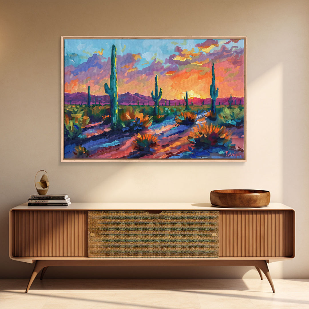 Sunset In The Desert, Framed Canvas Print, Out In The Desert, Southwestern Decor, Watercolor Painting, Original Painting