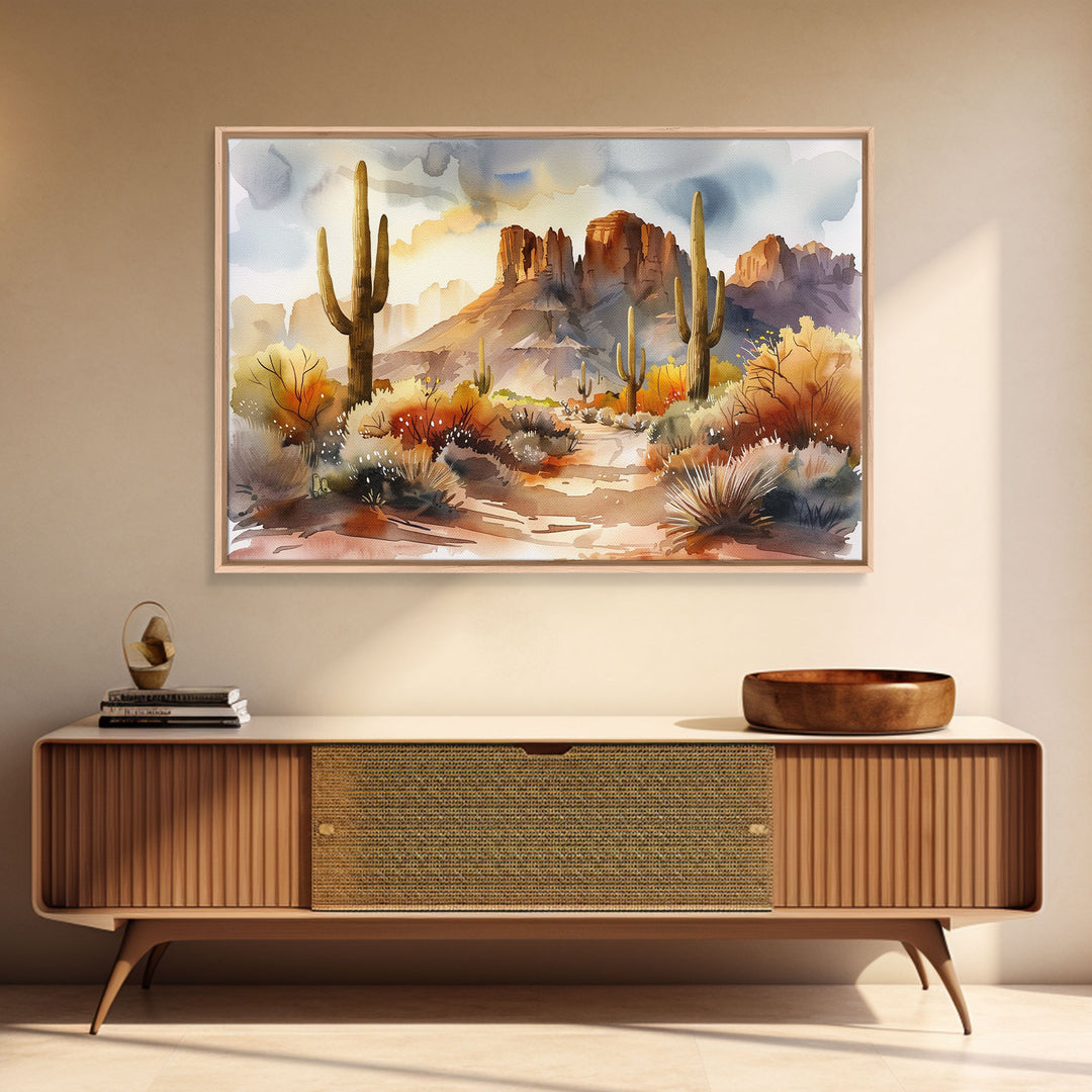 The Desert At Sunset Framed Canvas Print, Watercolor Painting, Original Wall Art Home Decor, Boho Style Farmhouse Wall Art