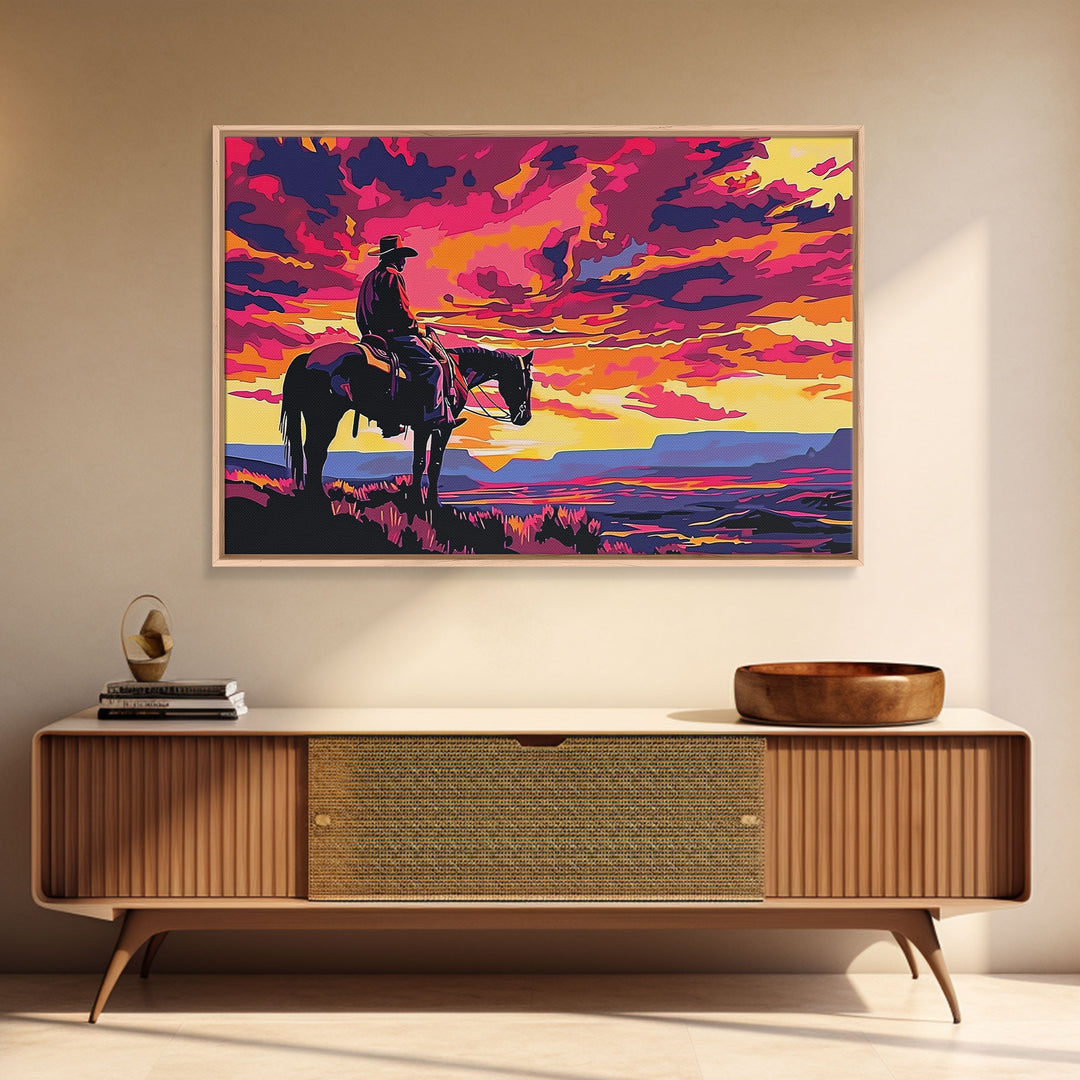 Wild West Cowboy At Sunset Framed Canvas Print, Pop Art, Watercolor Painting, Room Decor Western Aesthetic