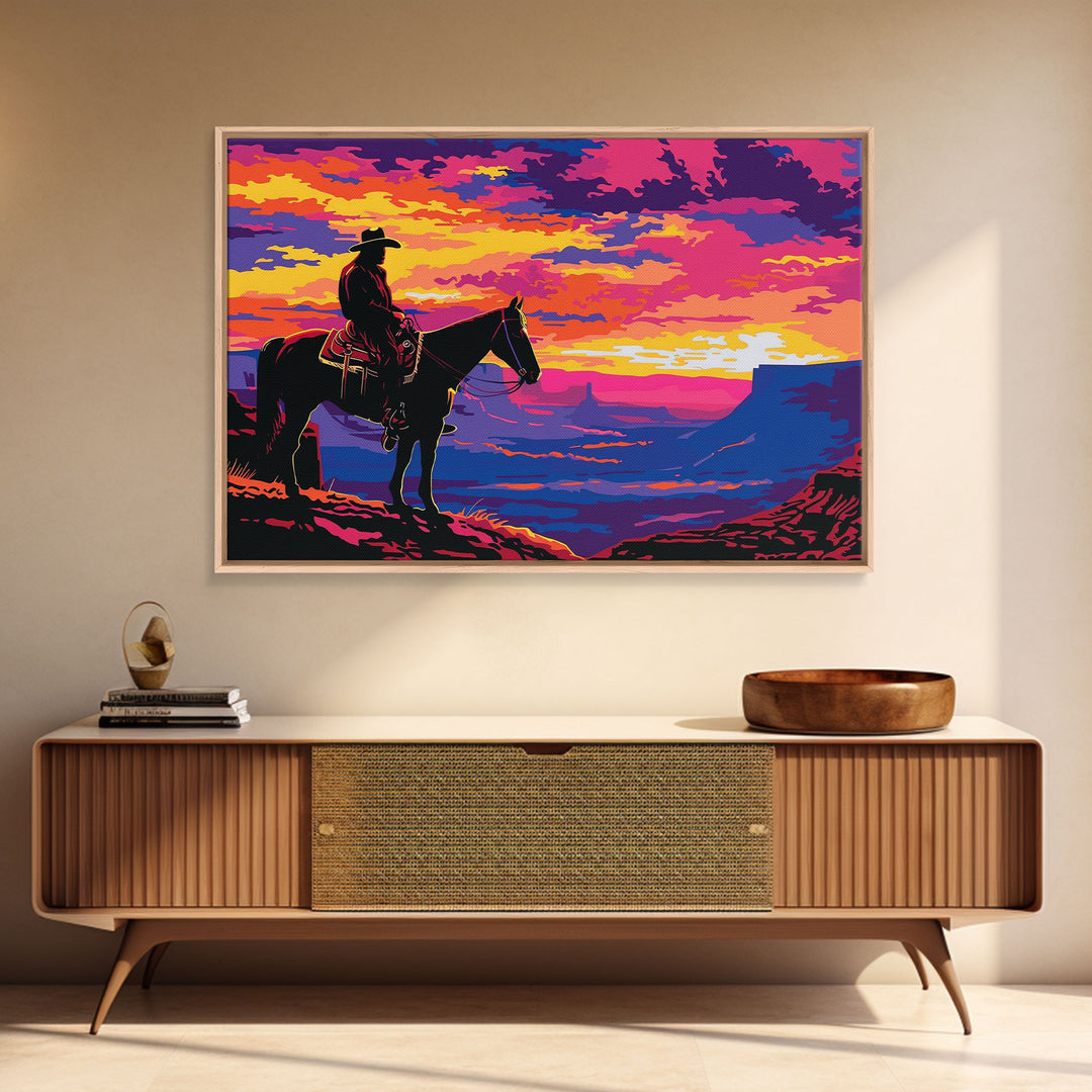 The Rider, Kitsch Western Decor, Framed Canvas Print, Western Dorm Room Decor, Wild West Wall Art, Home Decor