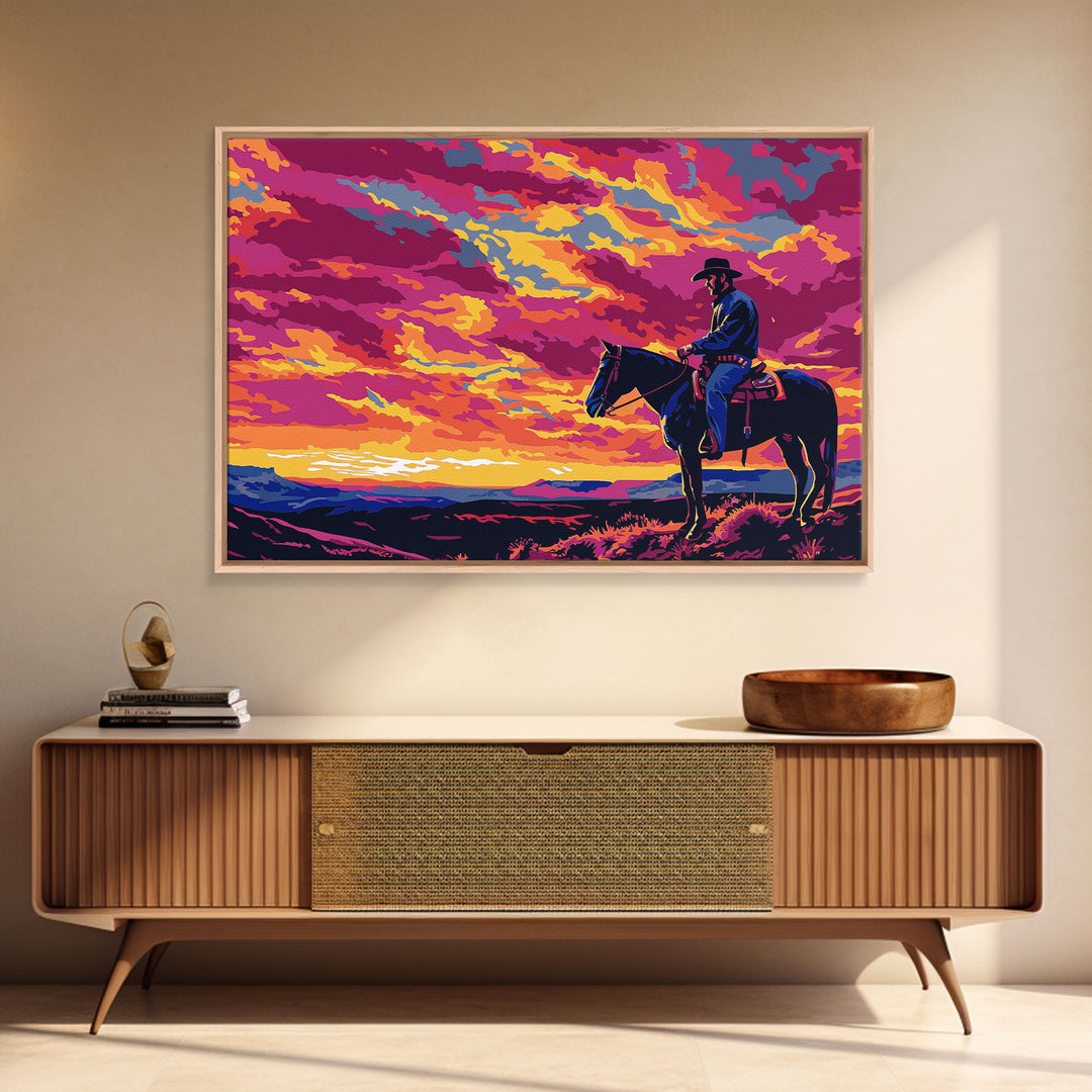 The Cowboy Rides At Sunset, Living Room Art, Framed Canvas Print Original Art, Watercolor Painting, Cowboy Painting, Rustic Western Decor