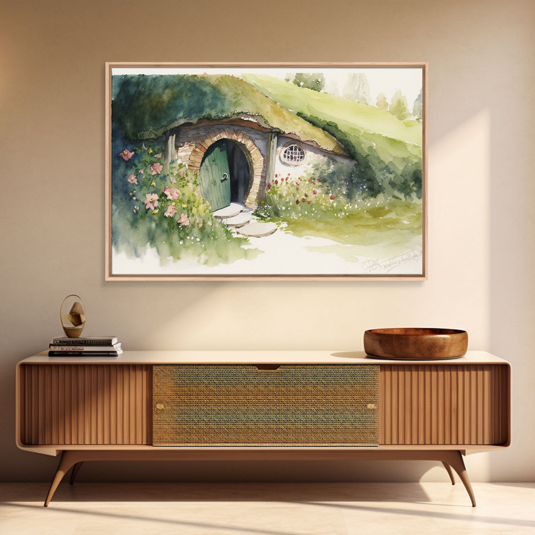 The Shire Oil Painting Print, Framed Wall Art, Hobbitcore Decor, Hobbit Hole Landscape Painting Print, Rings, Fantasy Painting